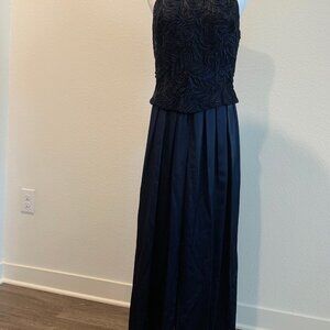 Carmen Marc Valvo Sutache trimmed top/satin wide leg pant.
